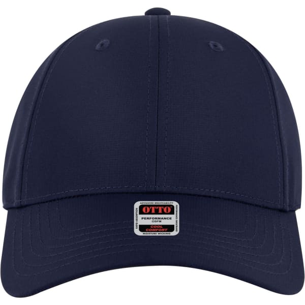 A navy blue low profile baseball cap with a six-panel design and a logo on the front.