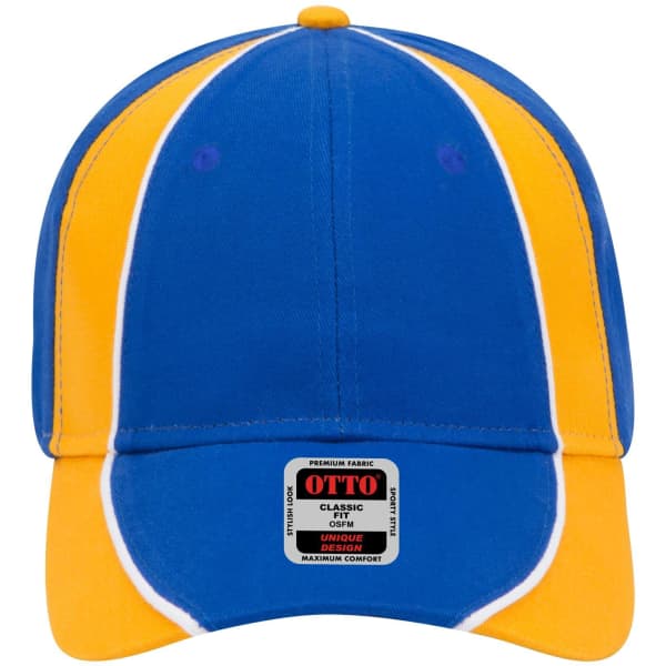 A blue and yellow six-panel low profile baseball cap with a branded label.
