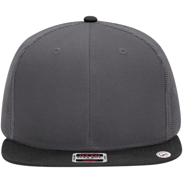 A grey 6 panel mid profile trucker cap with a black flat brim and a logo on the side.