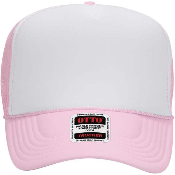 A 5 panel high crown trucker cap in white and pink, featuring a logo on the front.