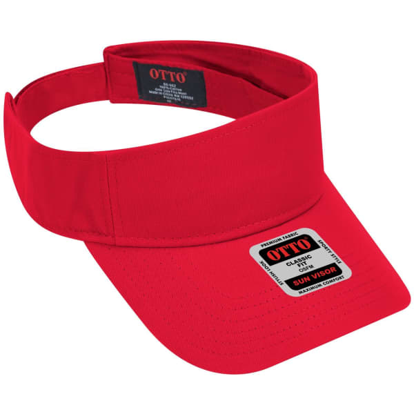 A red sun visor with an adjustable strap and a logo. Features a wide brim for sun protection.