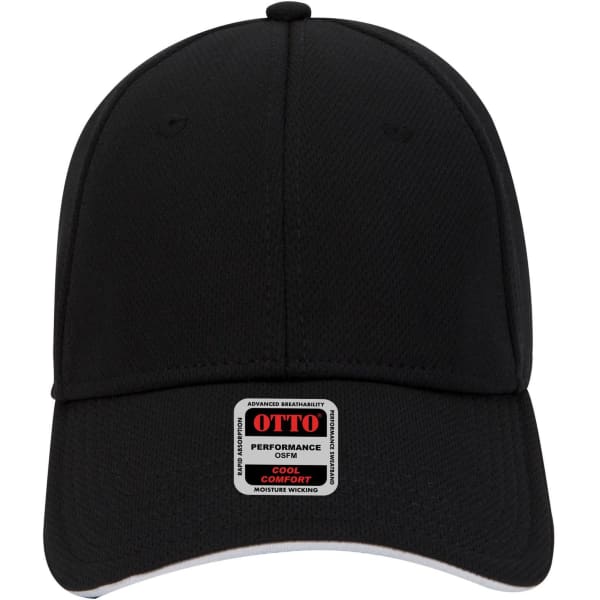 A black six-panel low profile baseball cap with a logo on the front.