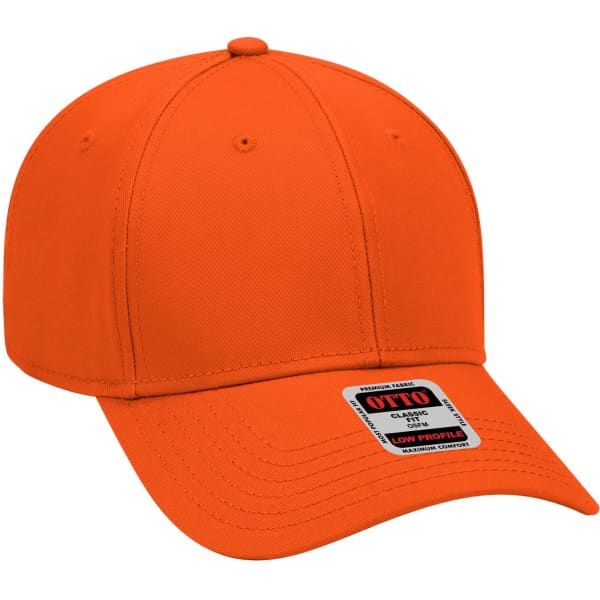 An orange 6 panel low profile baseball cap with a logo on the front.