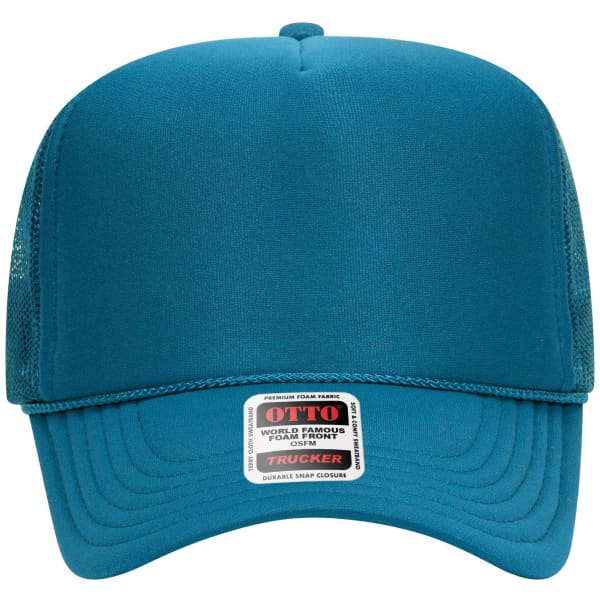A blue 5 Panel High Crown Trucker Cap with mesh sides and a branded label on the front.