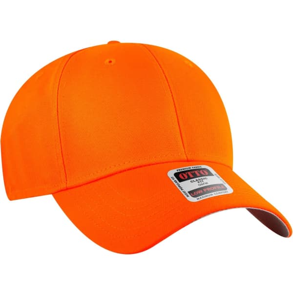 An orange 6-panel low profile baseball cap with a logo on the front.