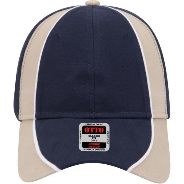 A navy and beige 6-panel low profile baseball cap with a logo on the front.