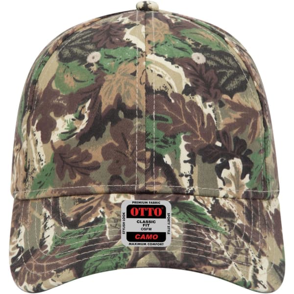 A camo-patterned six-panel low-profile baseball cap featuring shades of green, brown, and tan, with a logo on the front.