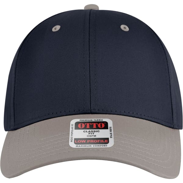 A low-profile baseball cap in navy blue with a light grey peak and a logo on the front label.