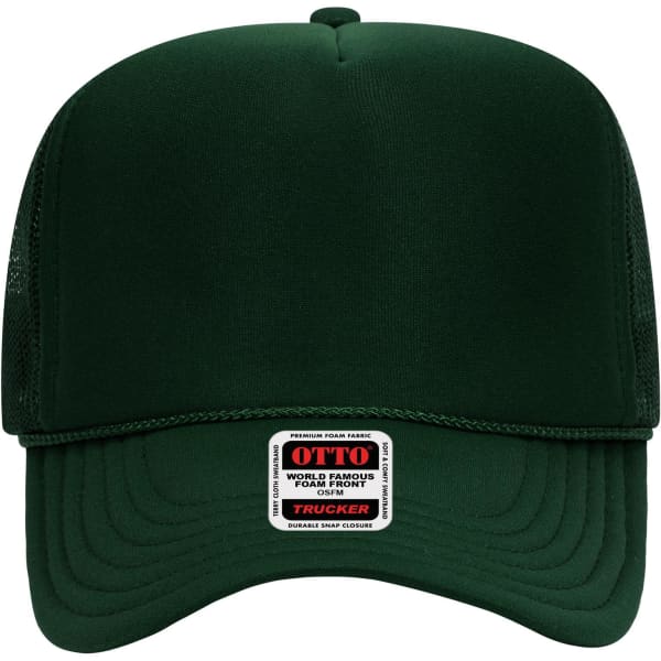 A high crown trucker cap in dark green with a mesh back and a small logo label at the front.