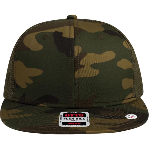 A camouflage-patterned 6-panel mid-profile trucker cap with a snapback closure and a brand logo.