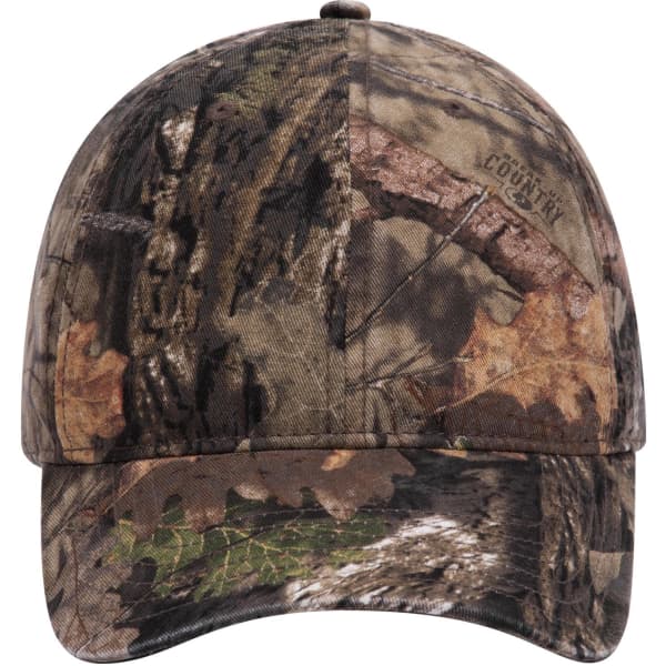 A camo-patterned six-panel low profile baseball cap featuring shades of green, brown, and tan, with a logo.