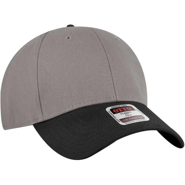 A grey and black 6-panel low profile baseball cap featuring a logo on the front.