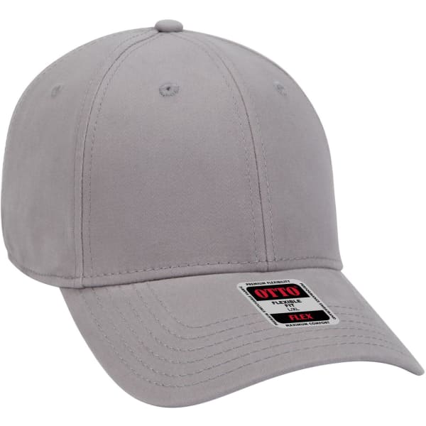 A grey six-panel low profile baseball cap with a logo on the front and a flexible fit.