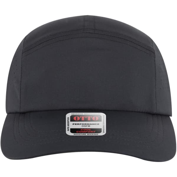 A 5 panel running hat in black with a branded label on the front.