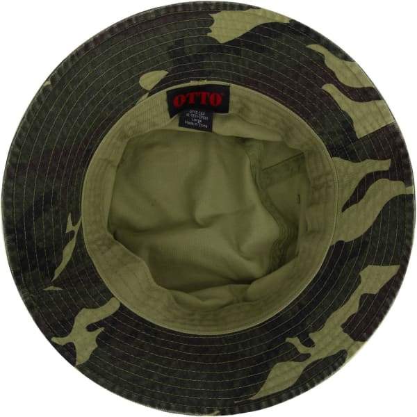 A camouflage bucket hat featuring an inner lining and a brand label inside.