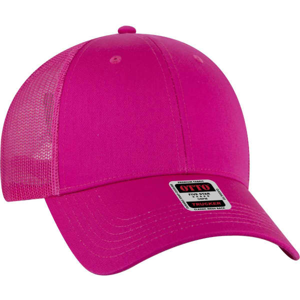 A pink 6-panel low profile trucker cap with a mesh back and a branded label.