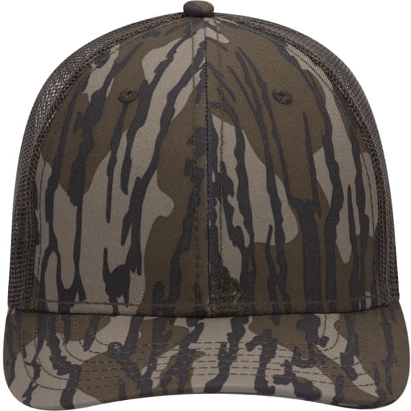 A camo-patterned low profile baseball cap in earthy tones, featuring mesh panels and a branded logo.