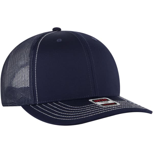 A navy blue 6-panel mid profile trucker cap with a mesh back and stitching details. Includes a logo.