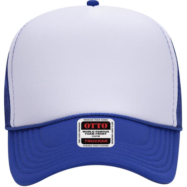 A blue and white 5 panel mid profile trucker cap with a mesh back and a label on the front.
