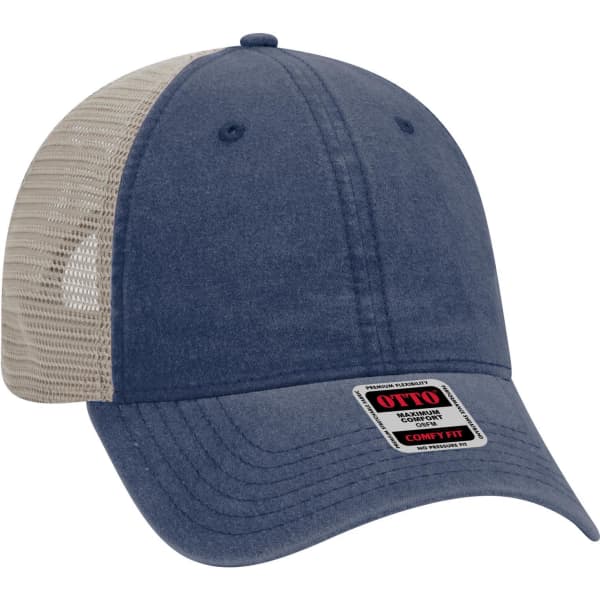 A navy blue trucker cap with a low profile and a beige mesh back, featuring a logo on the front.