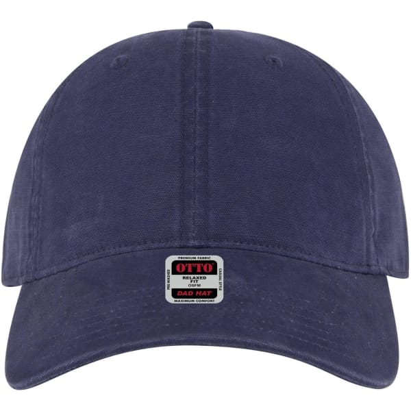 A navy blue 6 panel low profile dad cap with an adjustable strap and a logo on the front.