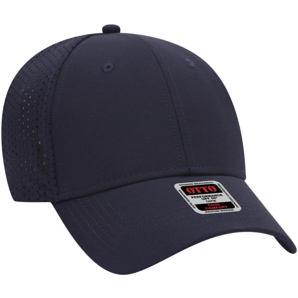 A navy blue 6-panel low profile baseball cap with a branded patch on the front and ventilation holes.