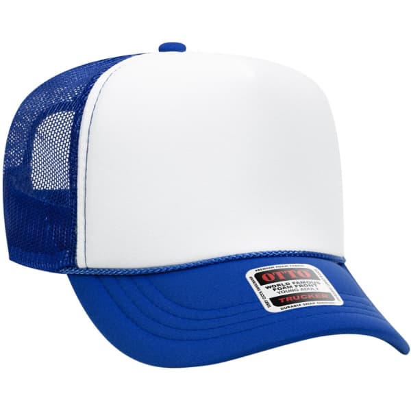 A high crown trucker cap in blue with a white front panel and mesh sides, featuring a logo on a badge.