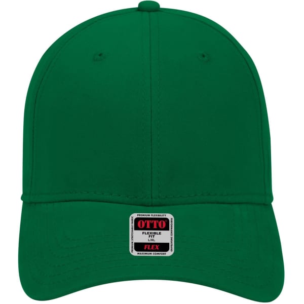 A green 6 panel low profile baseball cap with a logo label on the front.