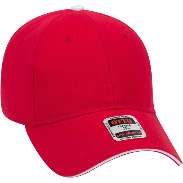 A red 6 panel low profile baseball cap with a branding tag. The cap features a white button on top and a curved brim.