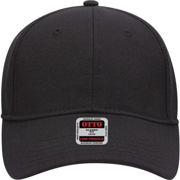 A black 6 panel low profile baseball cap featuring a logo on the front.