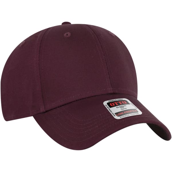 A maroon 6-panel low profile baseball cap with a logo on the front.