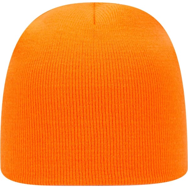 An orange classic knit beanie with a ribbed texture and a rounded top, featuring a logo.