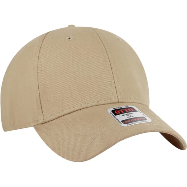 A beige 6 panel low profile baseball cap with a curved brim and a logo on the front.