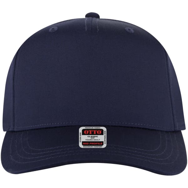 A navy blue 5 panel mid crown baseball cap with a logo label on the front.
