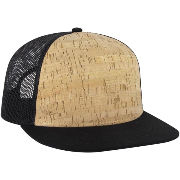 A beige and black 5 panel pro style trucker cap with a cork-like front and mesh back. Features a logo.