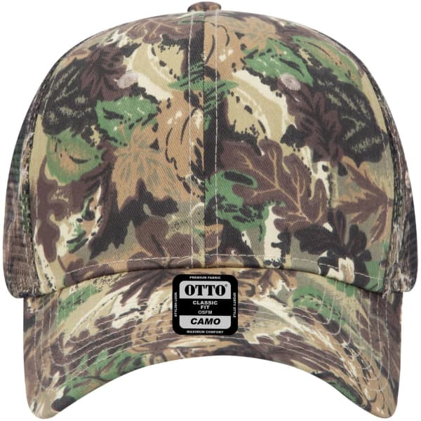 A camo-patterned six-panel mid-profile trucker cap featuring various shades of green, brown, and beige with a logo.