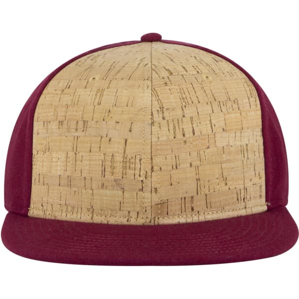 A six-panel mid-profile snapback cap with a cork top and maroon brim. The cap features a logo.