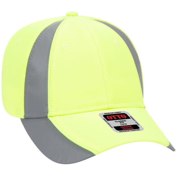 A bright yellow and grey 6 panel low profile baseball cap with a logo on the front.