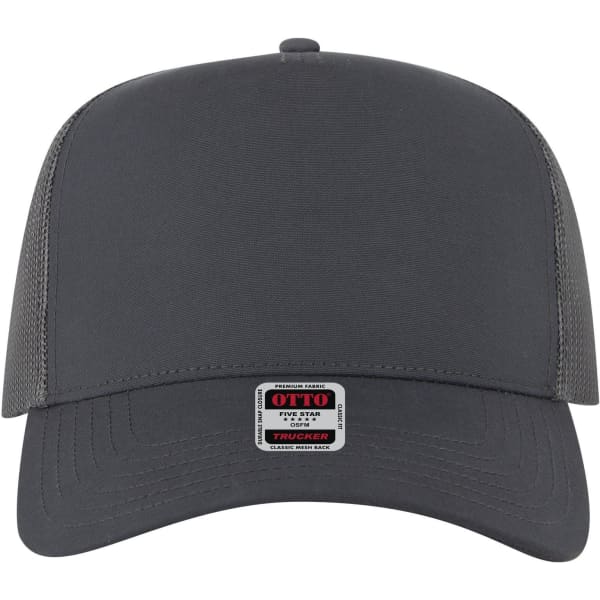 A grey 5-panel mid-profile trucker cap with a mesh back and a logo tag on the front.