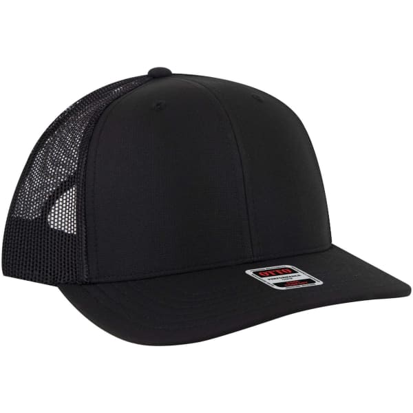 A black mid profile trucker cap with mesh panels and a branded label on the front.