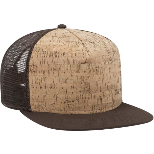 A brown and cork-patterned 5 panel pro style trucker cap with a mesh back and a flat brim.