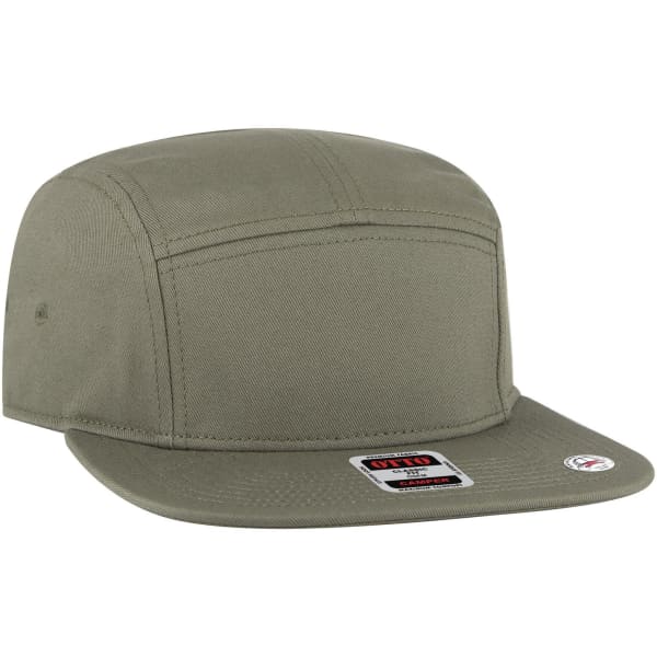 A 5 panel camper hat in olive green with a flat brim and a logo on the side.