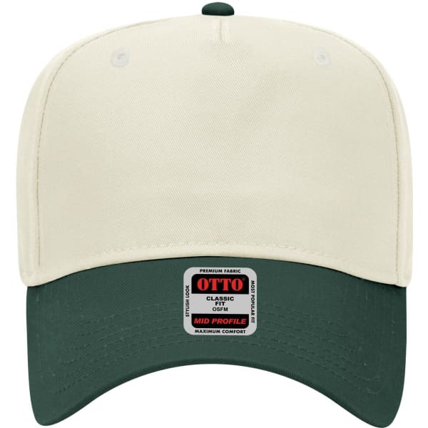 A cream and dark green 5 Panel Mid Crown Baseball Cap with a logo on the front.