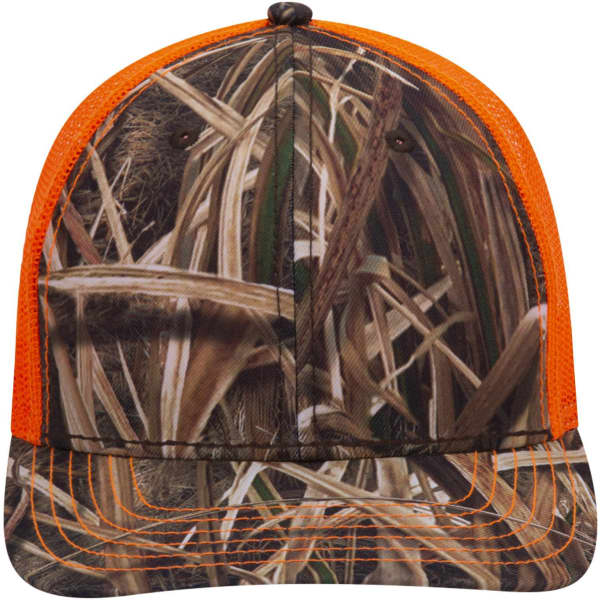 A camouflage baseball cap with a low profile and an orange visor, featuring a textured design of grass and reeds.
