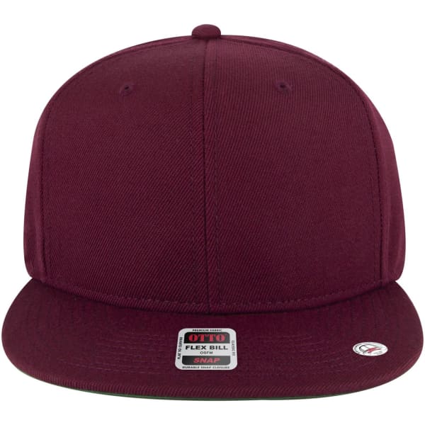 A maroon six-panel snapback cap with a flat bill and a logo on the front.