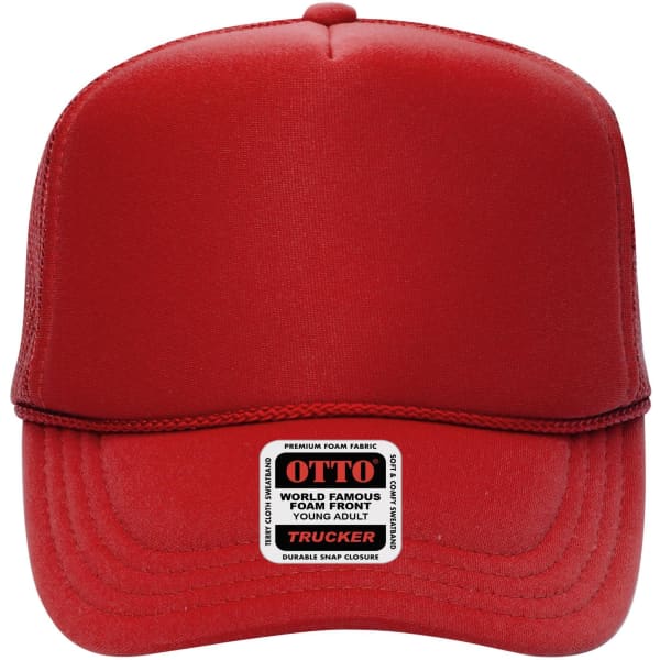 A red 5 Panel High Crown Trucker Cap with a branded patch on the front.