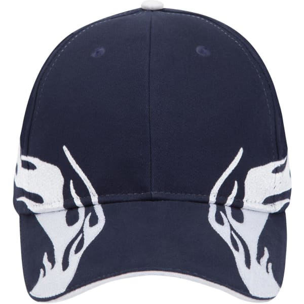 A navy blue 6 panel low profile baseball cap featuring flame designs on the sides and a logo.