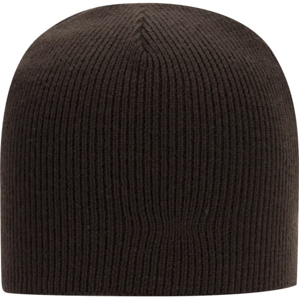 A brown knit beanie with a classic ribbed pattern, featuring a logo on the side.