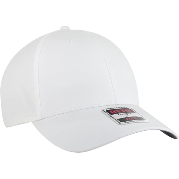 A white 6-panel low profile style baseball cap with a logo on the front.
