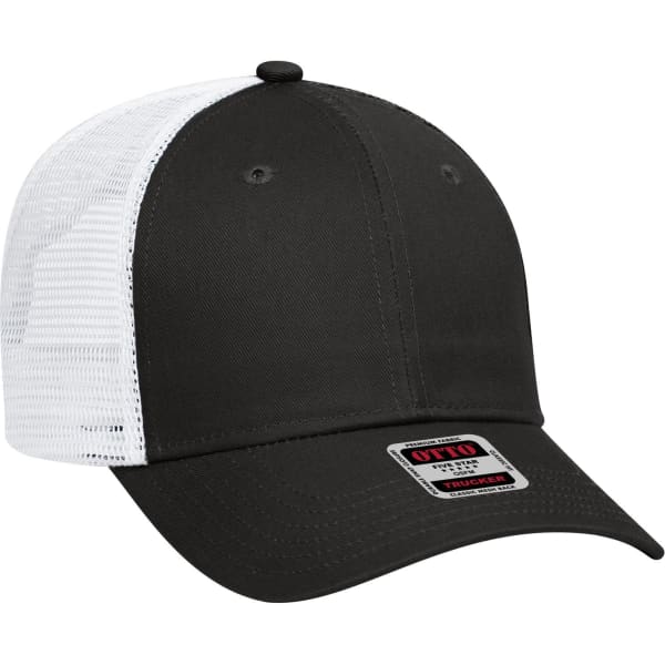 A 6-panel low profile trucker cap in black with a white mesh back. Features a logo on the front.